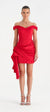 Düşük Omuz Detaylı Drapeli Abiye Elbise - 26018C - KIRMIZI