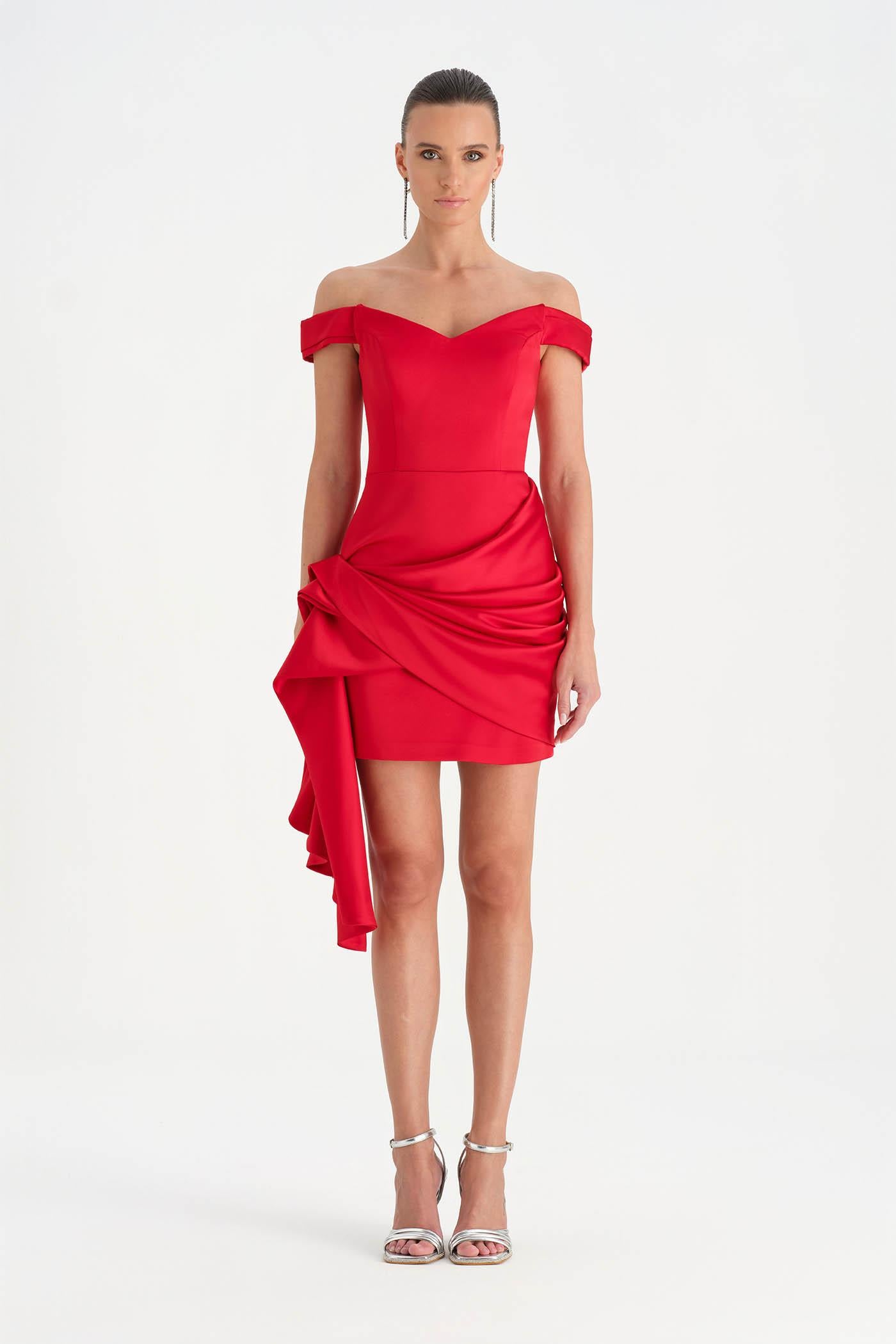 Düşük Omuzlu Drapeli Abiye Elbise - 26018C