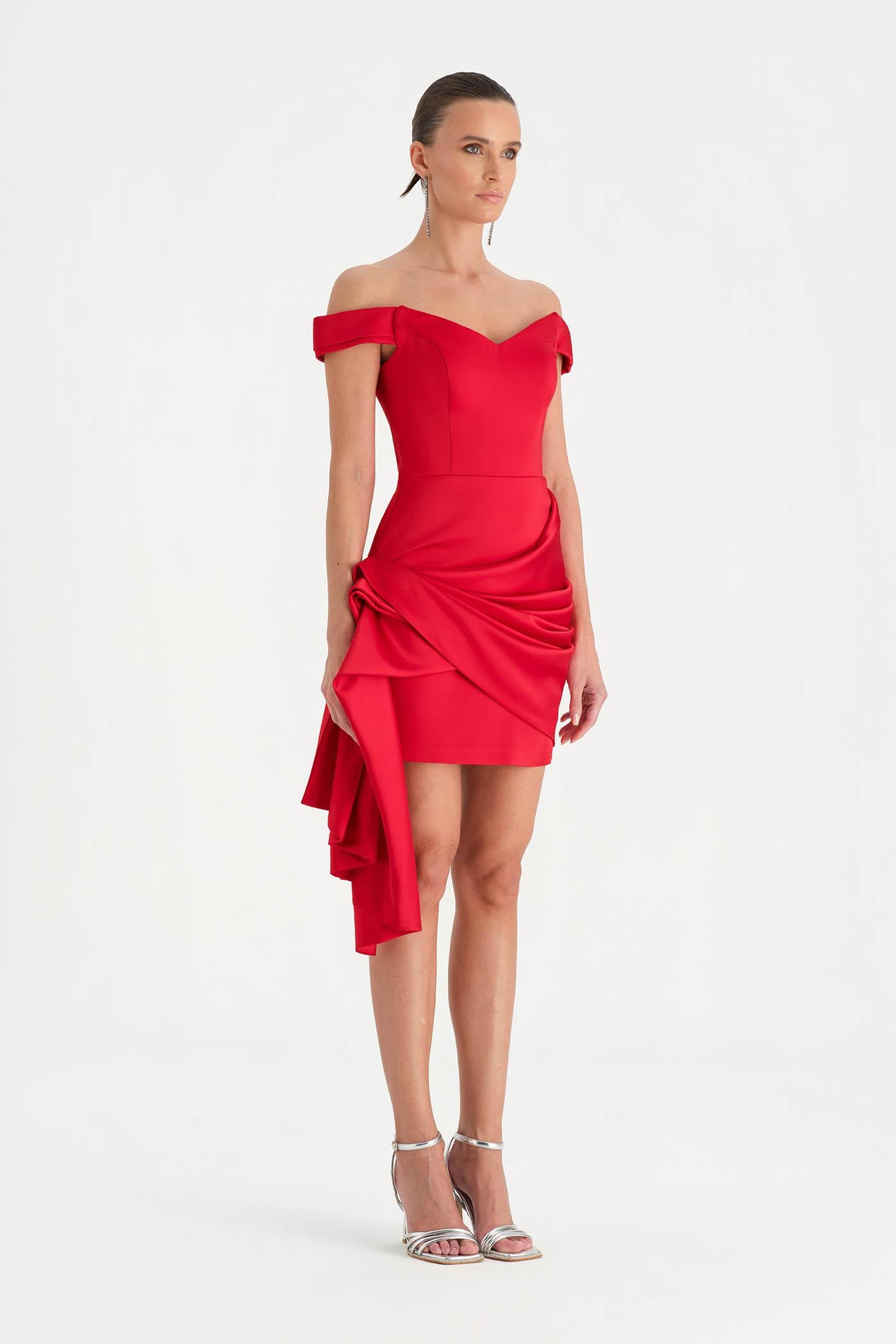 Düşük Omuzlu Drapeli Abiye Elbise - 26018C