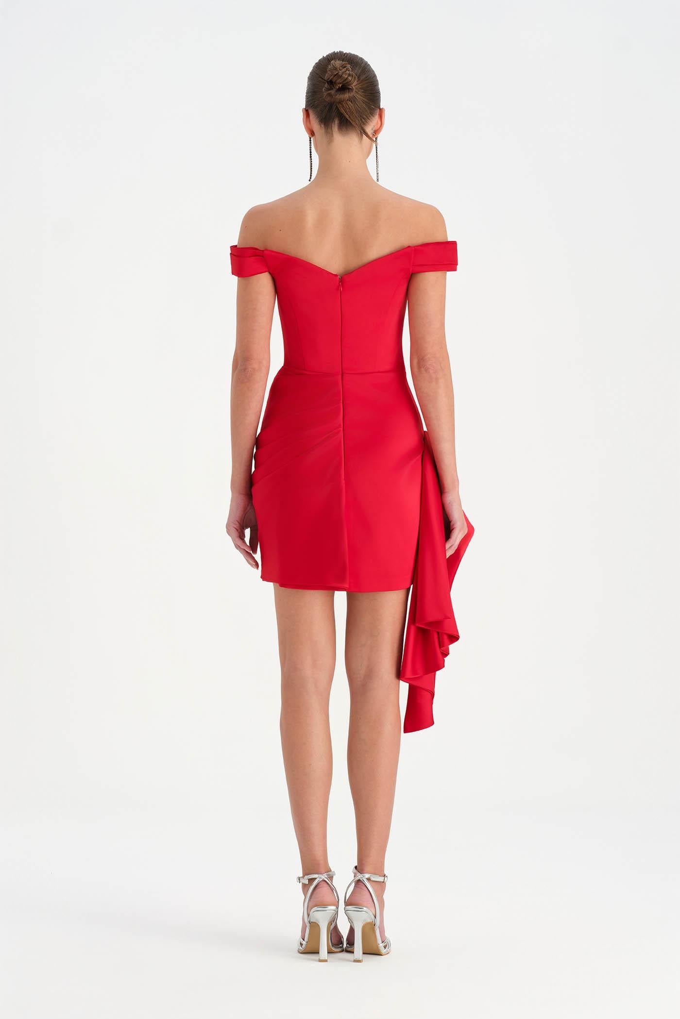 Düşük Omuzlu Drapeli Abiye Elbise - 26018C