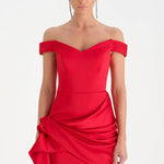 Düşük Omuzlu Drapeli Abiye Elbise - 26018C