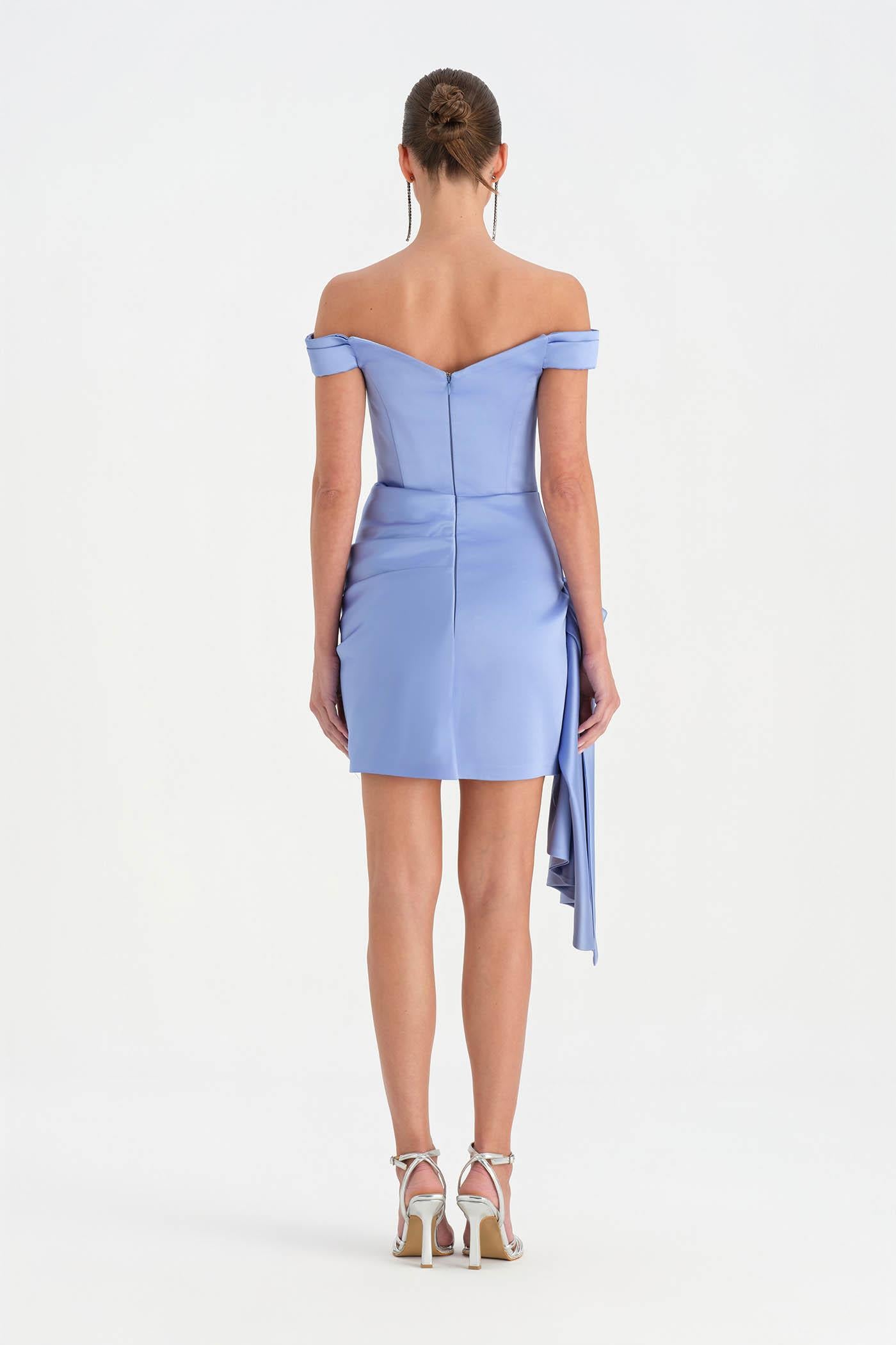 Düşük Omuzlu Drapeli Abiye Elbise - 26018C