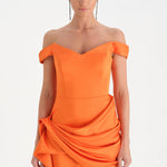 Düşük Omuzlu Drapeli Abiye Elbise - 26018C