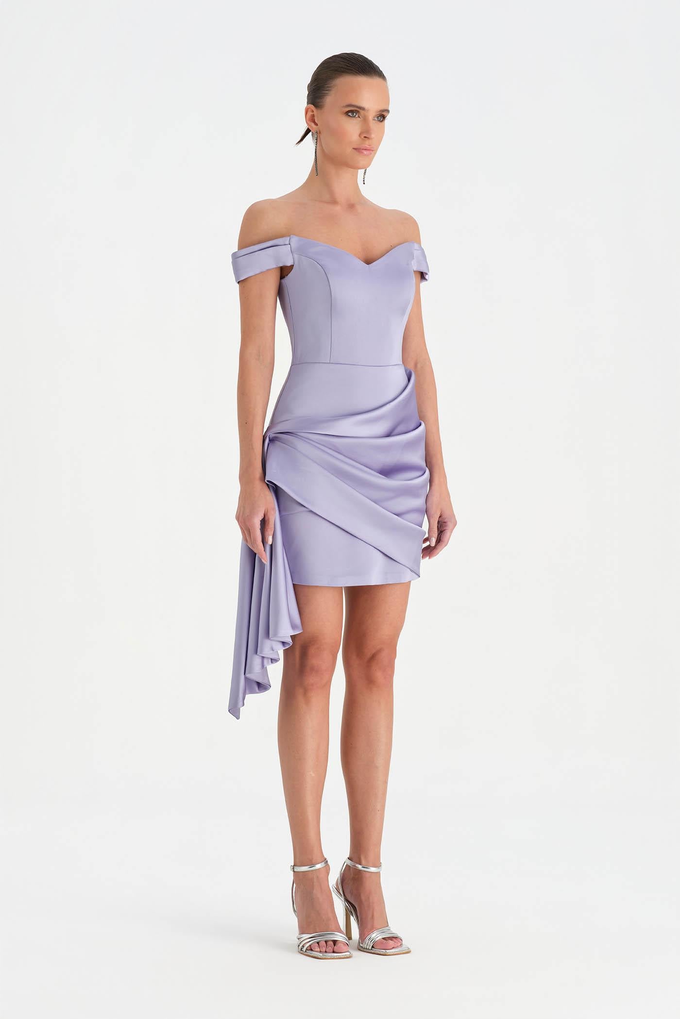 Düşük Omuzlu Drapeli Abiye Elbise - 26018C