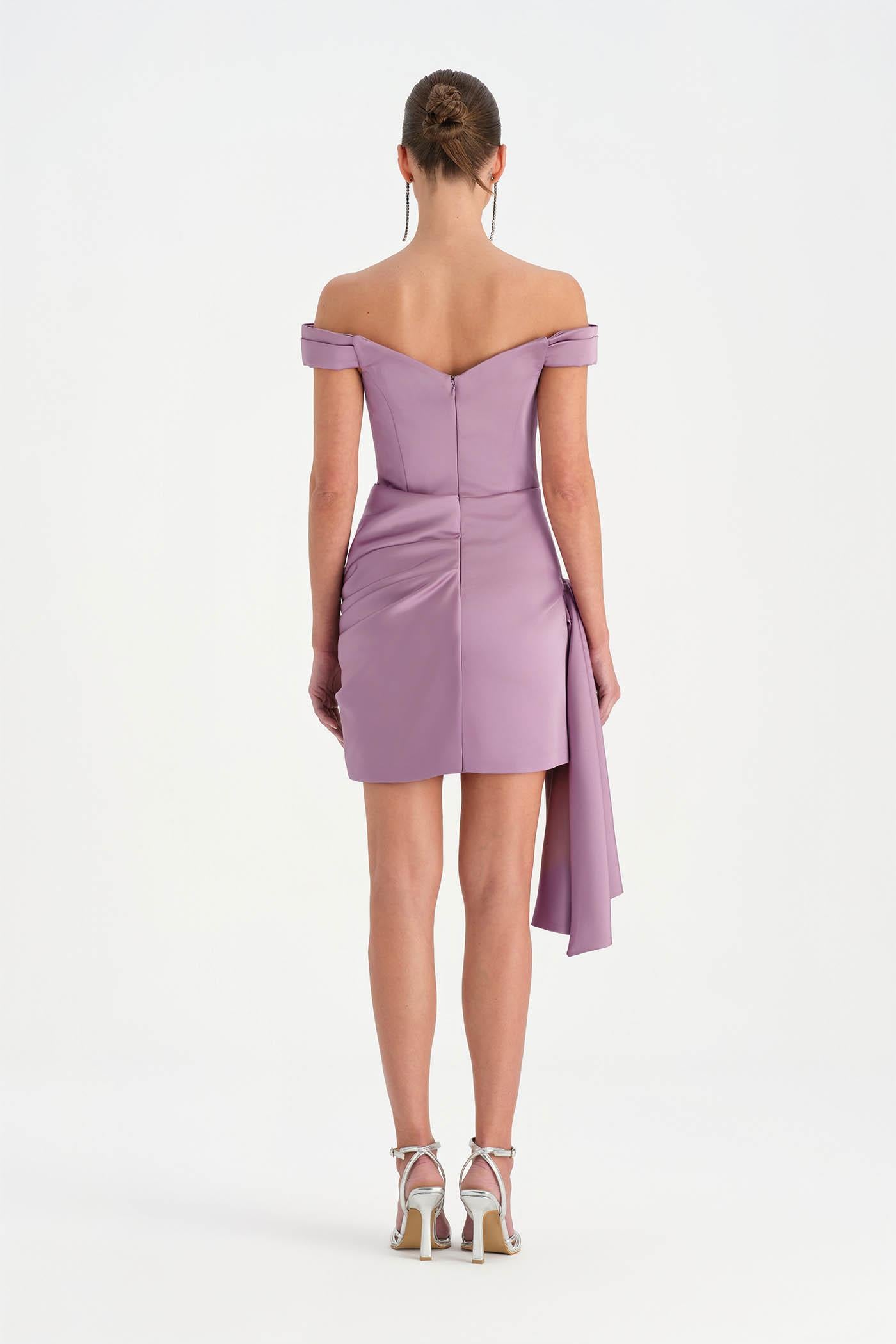 Düşük Omuzlu Drapeli Abiye Elbise - 26018C