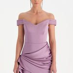 Düşük Omuzlu Drapeli Abiye Elbise - 26018C