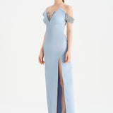 Düşük Omuzlu Yırtmaçlı Taş İşlemeli Abiye Elbise - 26063C