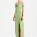 Düşük Omuzlu Yırtmaçlı Taş İşlemeli Abiye Elbise - 26063C