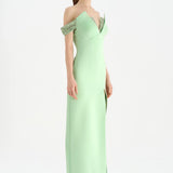 Düşük Omuzlu Yırtmaçlı Taş İşlemeli Abiye Elbise - 26063C