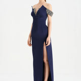 Düşük Omuzlu Yırtmaçlı Taş İşlemeli Abiye Elbise - 26063C