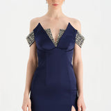 Düşük Omuzlu Yırtmaçlı Taş İşlemeli Abiye Elbise - 26063C