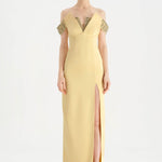 Düşük Omuzlu Yırtmaçlı Taş İşlemeli Abiye Elbise - 26063C