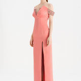 Düşük Omuzlu Yırtmaçlı Taş İşlemeli Abiye Elbise - 26063C