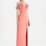 Düşük Omuzlu Yırtmaçlı Taş İşlemeli Abiye Elbise - 26063C