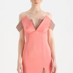 Düşük Omuzlu Yırtmaçlı Taş İşlemeli Abiye Elbise - 26063C