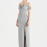 Düşük Omuzlu Yırtmaçlı Taş İşlemeli Abiye Elbise - 26063C