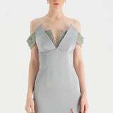 Düşük Omuzlu Yırtmaçlı Taş İşlemeli Abiye Elbise - 26063C