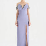 Düşük Omuzlu Yırtmaçlı Taş İşlemeli Abiye Elbise - 26063C