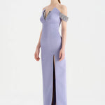 Düşük Omuzlu Yırtmaçlı Taş İşlemeli Abiye Elbise - 26063C