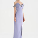 Düşük Omuzlu Yırtmaçlı Taş İşlemeli Abiye Elbise - 26063C