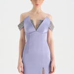 Düşük Omuzlu Yırtmaçlı Taş İşlemeli Abiye Elbise - 26063C