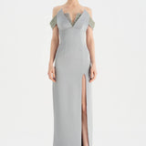 Low Shouldered Slit Stone Embroidered Evening Dress - 26063C