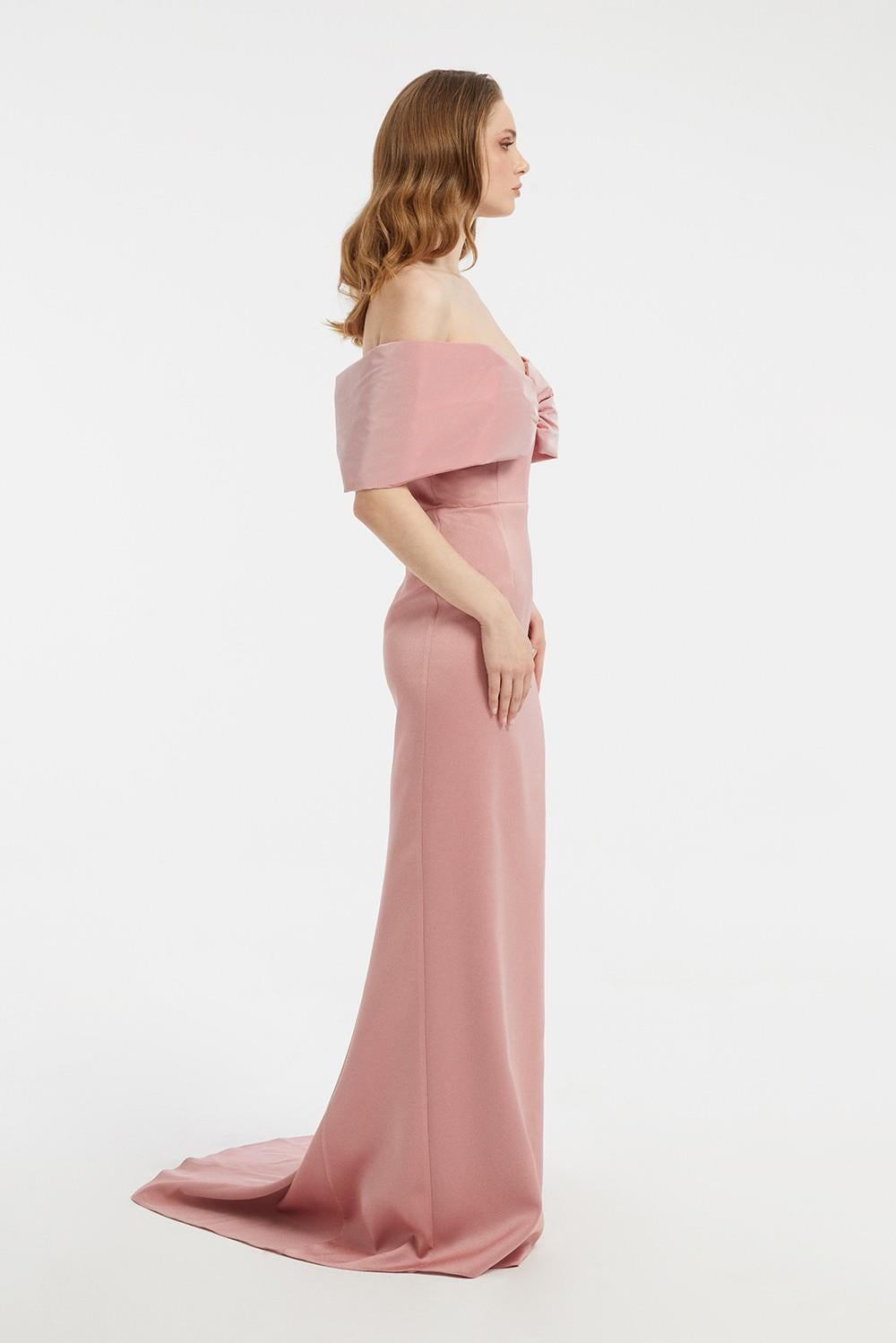 Off-Shoulder Bow Detailed Long Evening Dress - 5029C