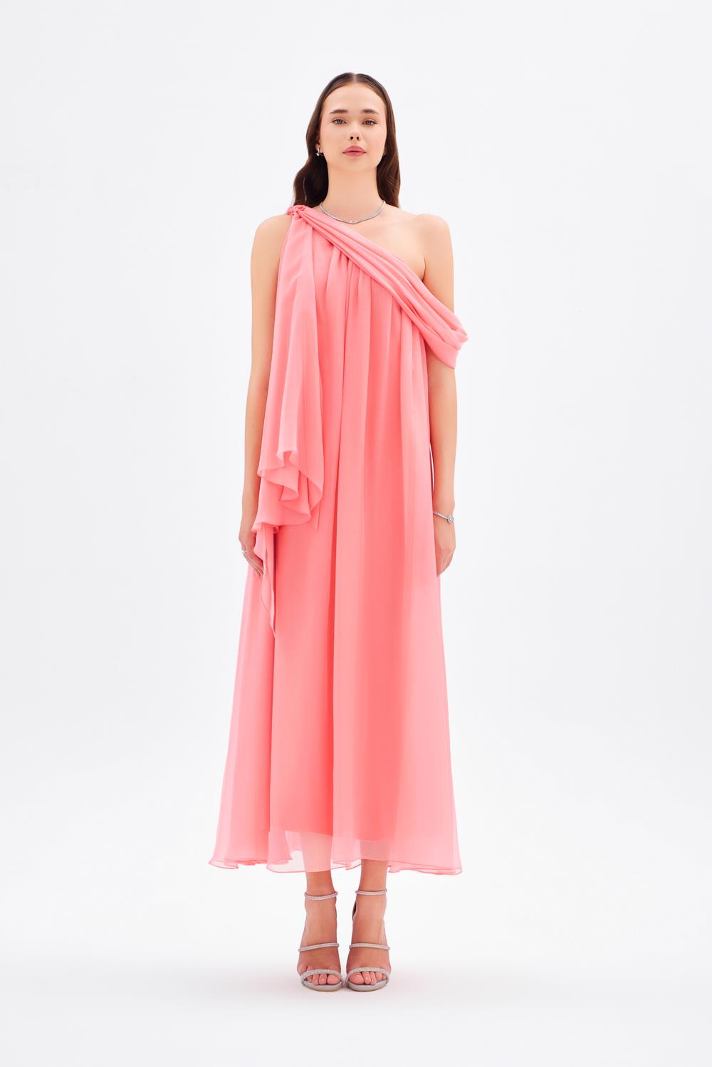 Low Shoulder Chiffon Midi Evening Dress - 9081C