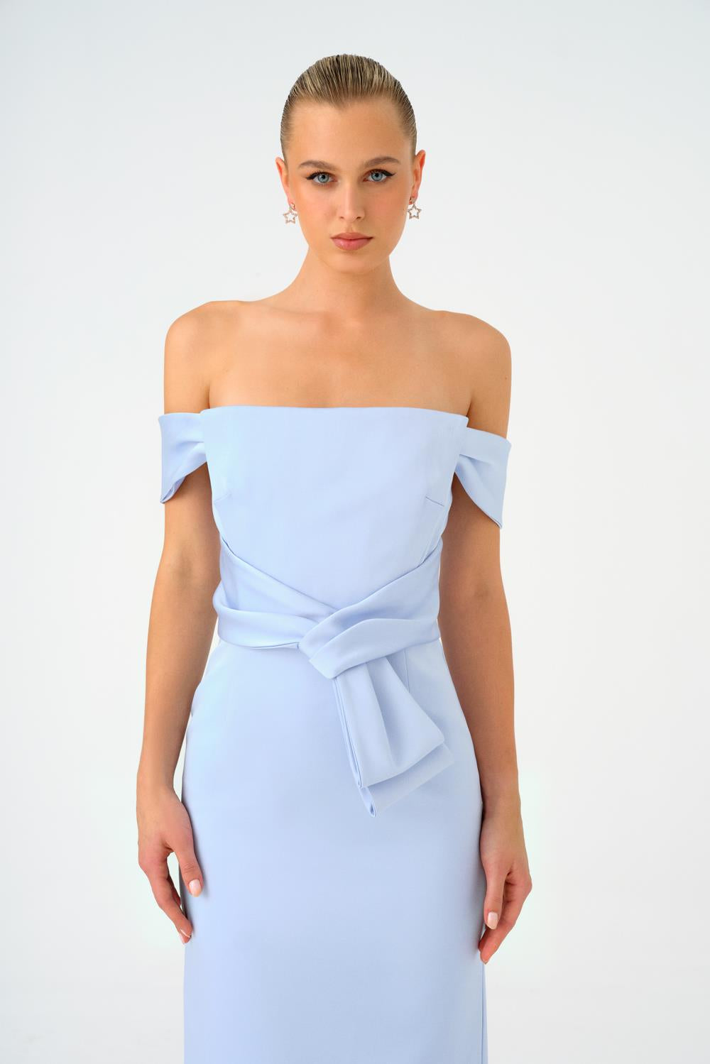 Low Shoulder Strapless Satin Midi Evening Dress - 9155C
