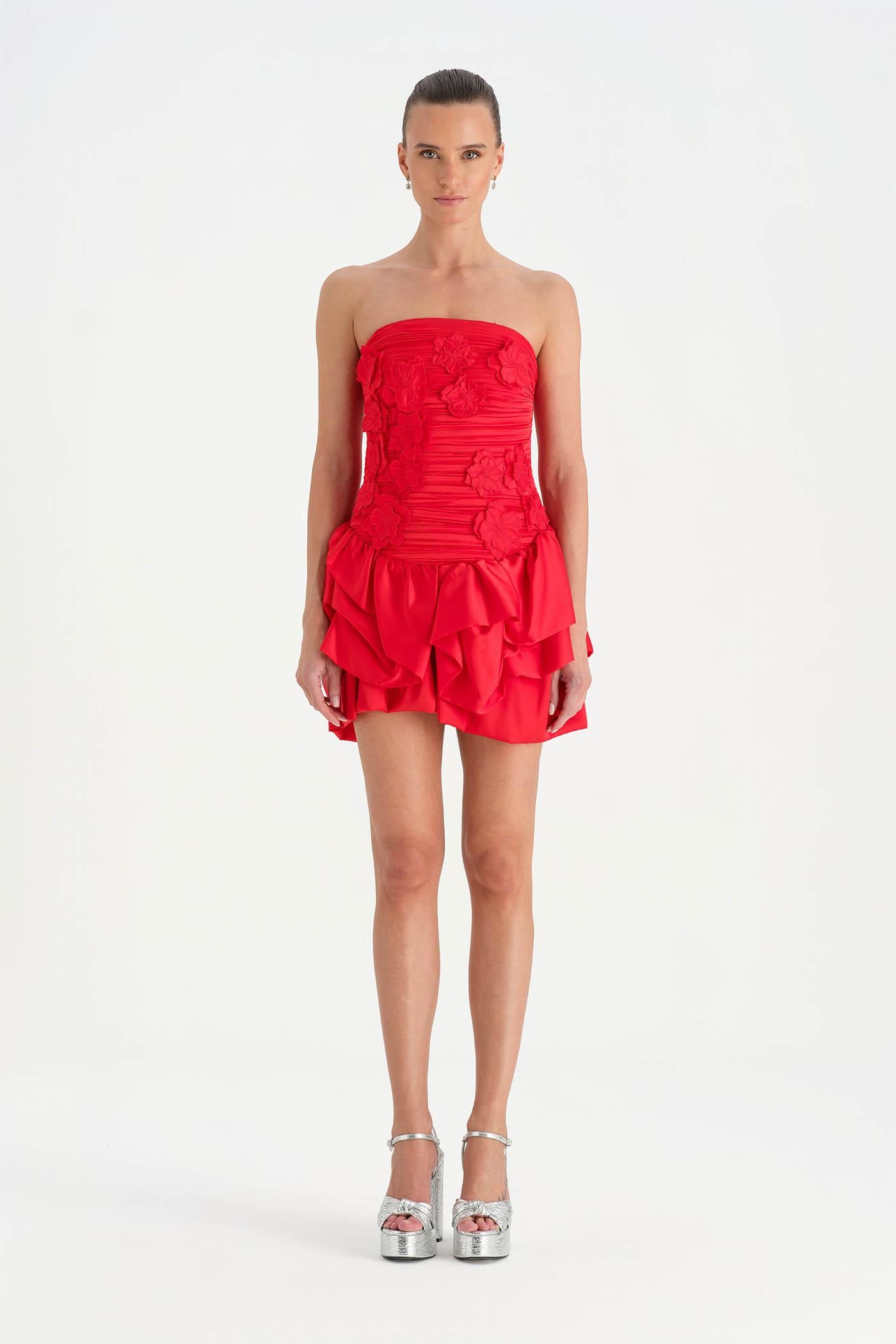 Volanlı Çiçekli Kısa Abiye Elbise - 26163C