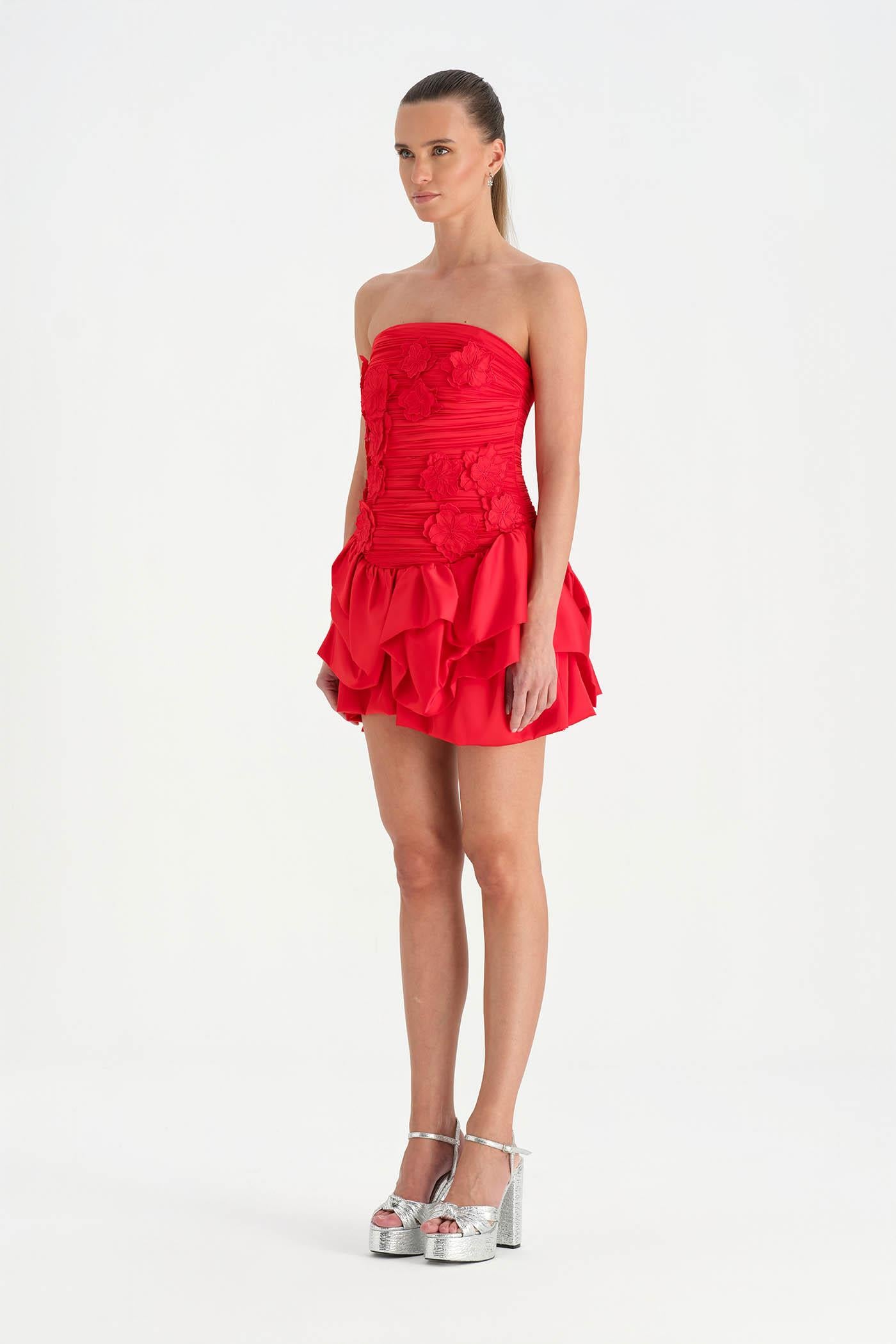 Volanlı Çiçekli Kısa Abiye Elbise - 26163C