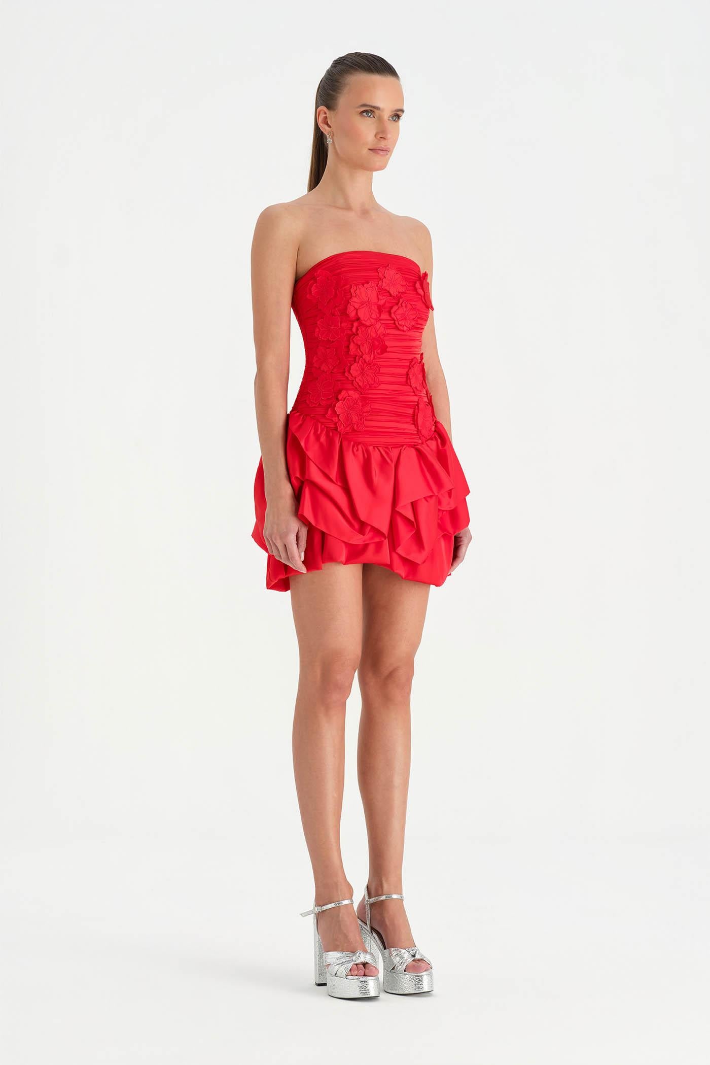 Volanlı Çiçekli Kısa Abiye Elbise - 26163C