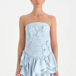 Volanlı Çiçekli Kısa Abiye Elbise - 26163C