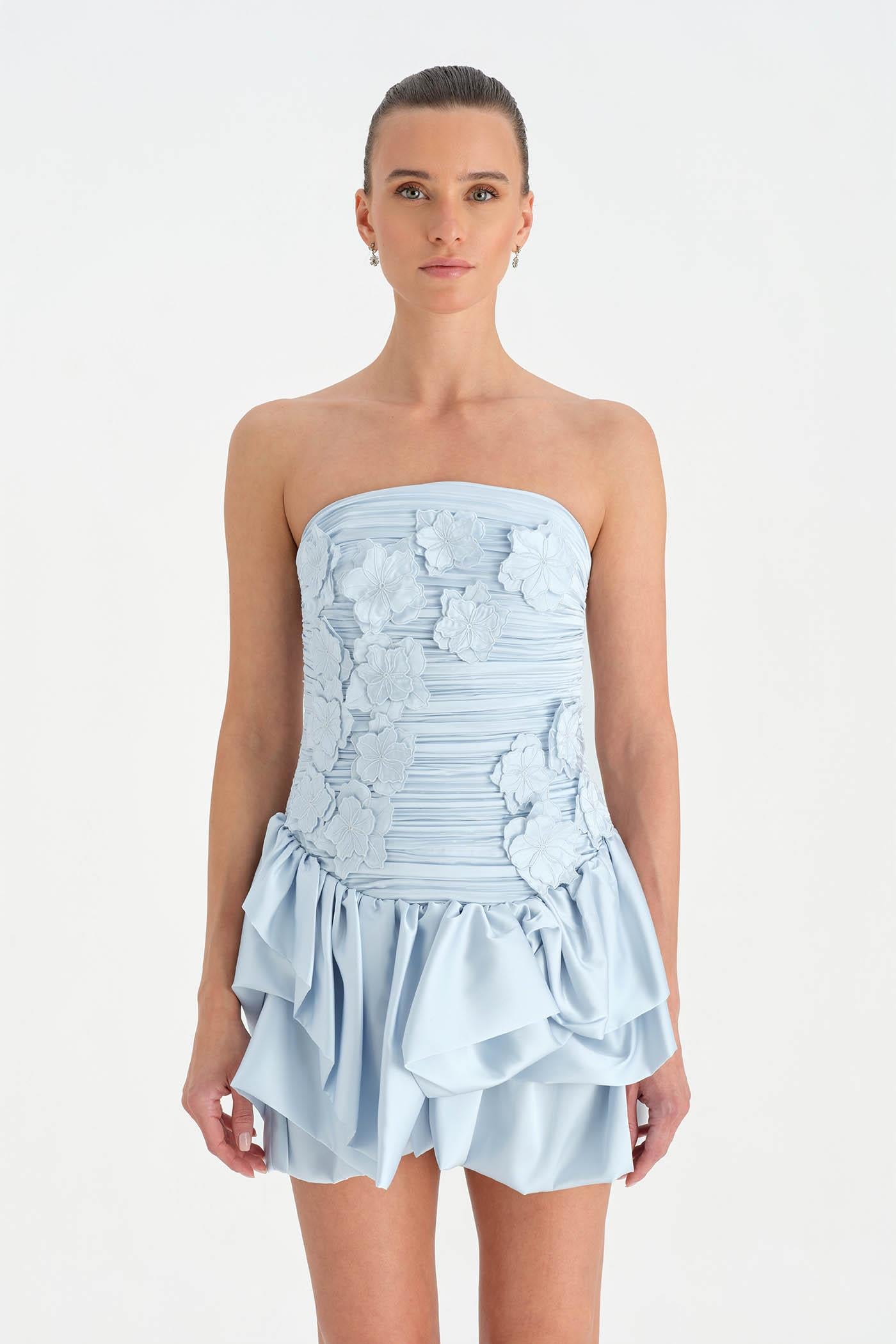 Volanlı Çiçekli Kısa Abiye Elbise - 26163C