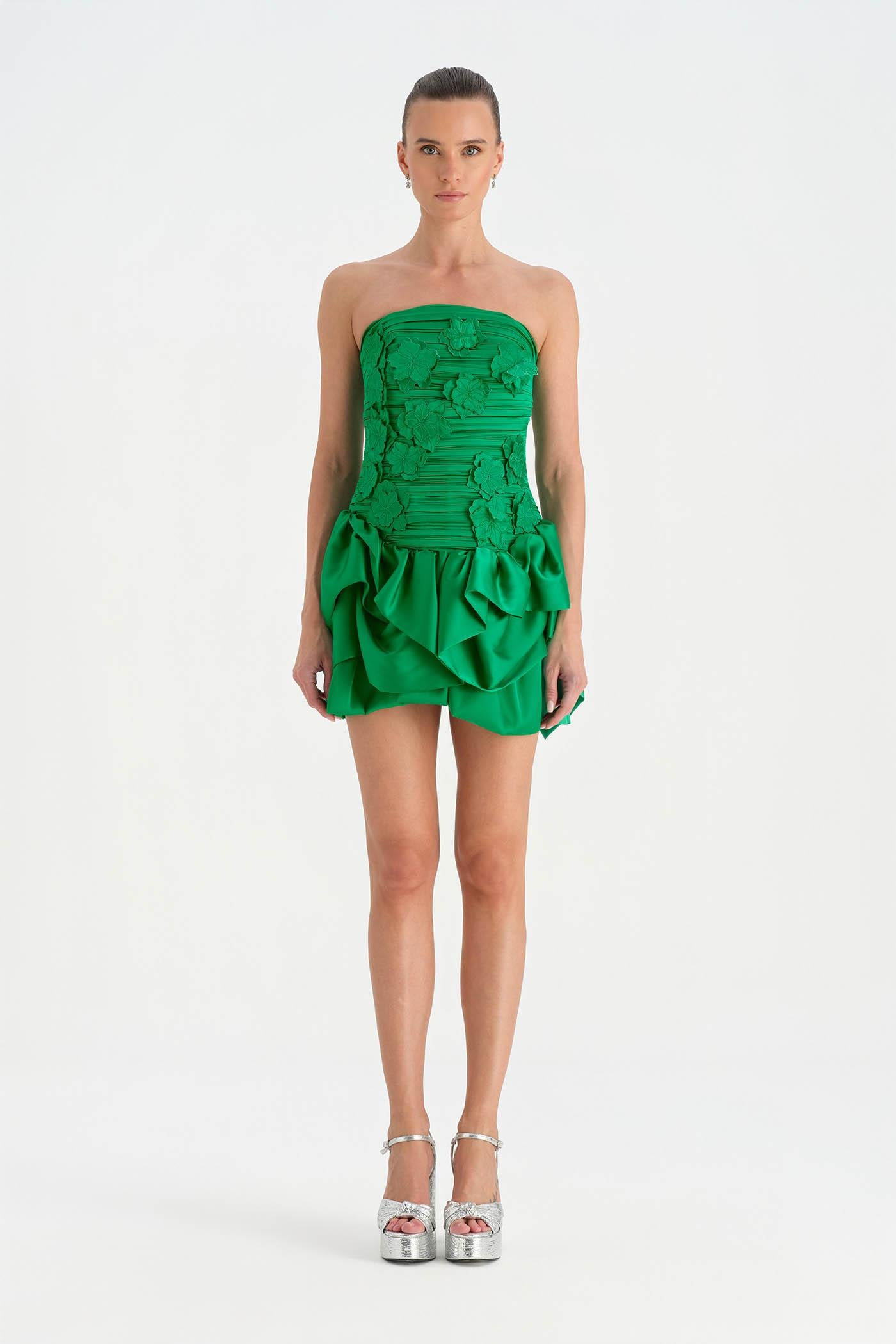 Volanlı Çiçekli Kısa Abiye Elbise - 26163C