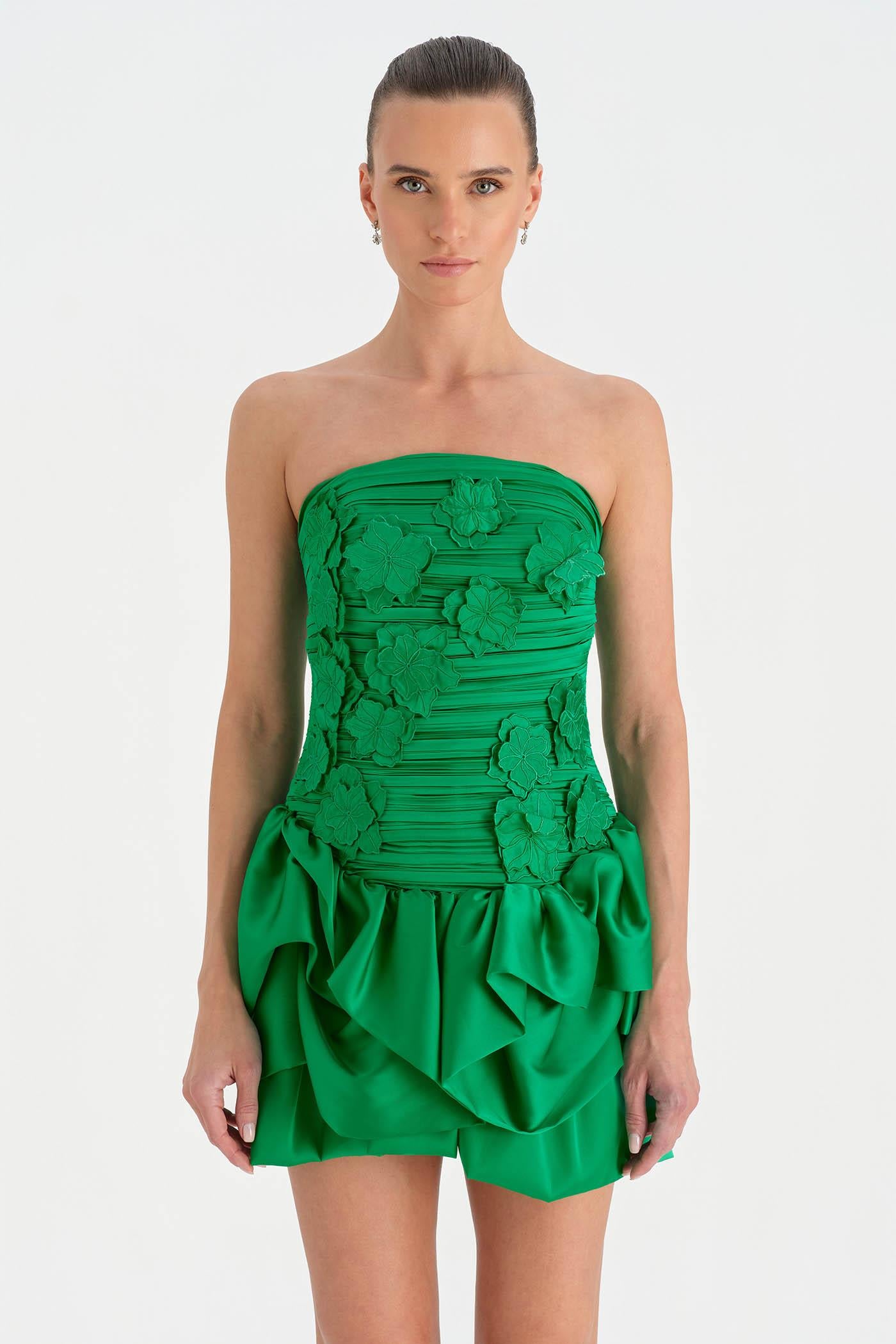 Volanlı Çiçekli Kısa Abiye Elbise - 26163C