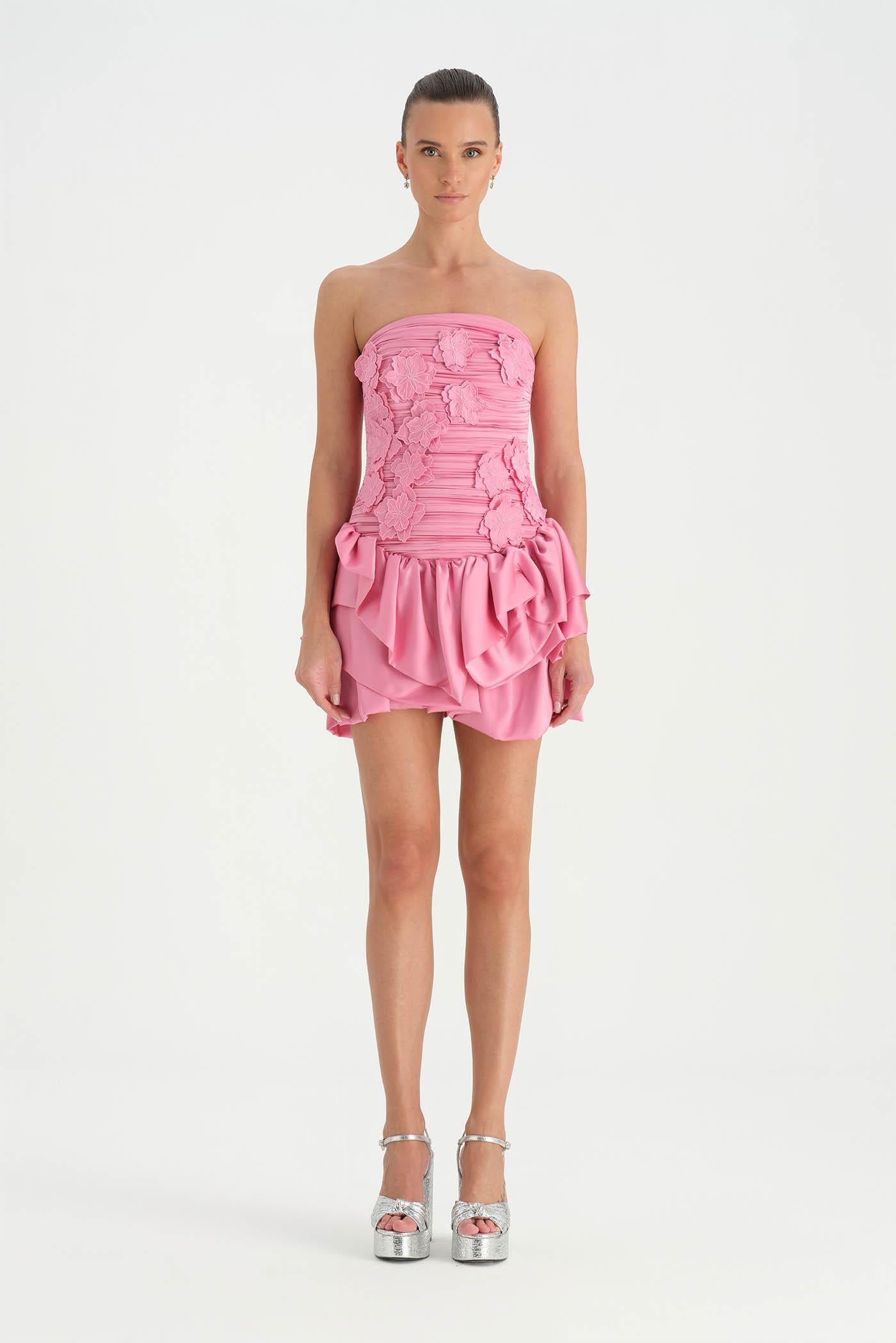 Volanlı Çiçekli Kısa Abiye Elbise - 26163C