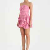 Volanlı Çiçekli Kısa Abiye Elbise - 26163C