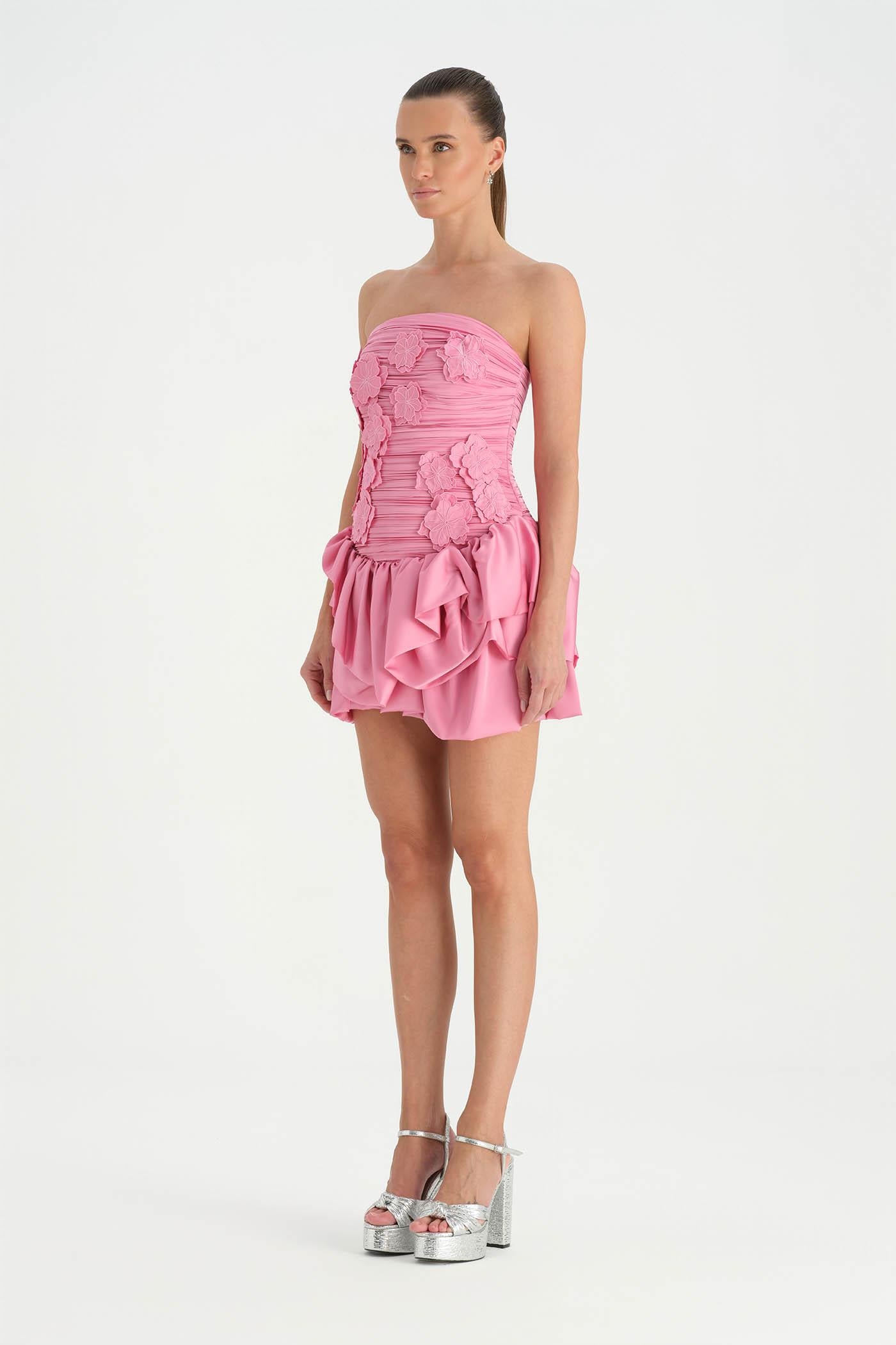 Volanlı Çiçekli Kısa Abiye Elbise - 26163C