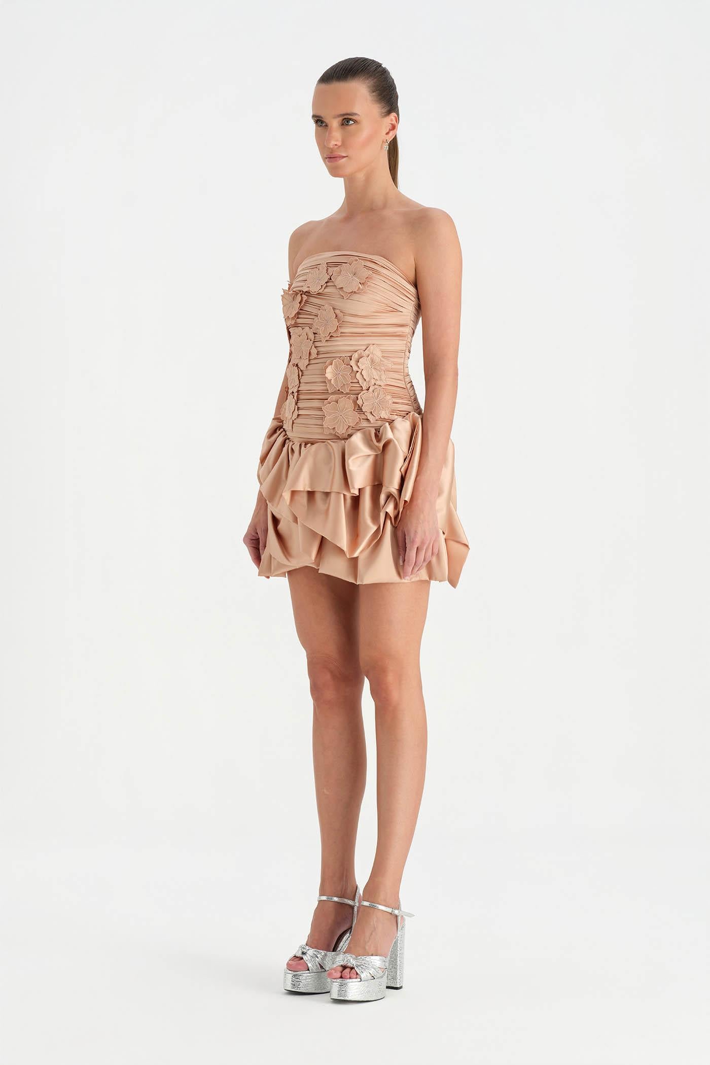 Volanlı Çiçekli Kısa Abiye Elbise - 26163C