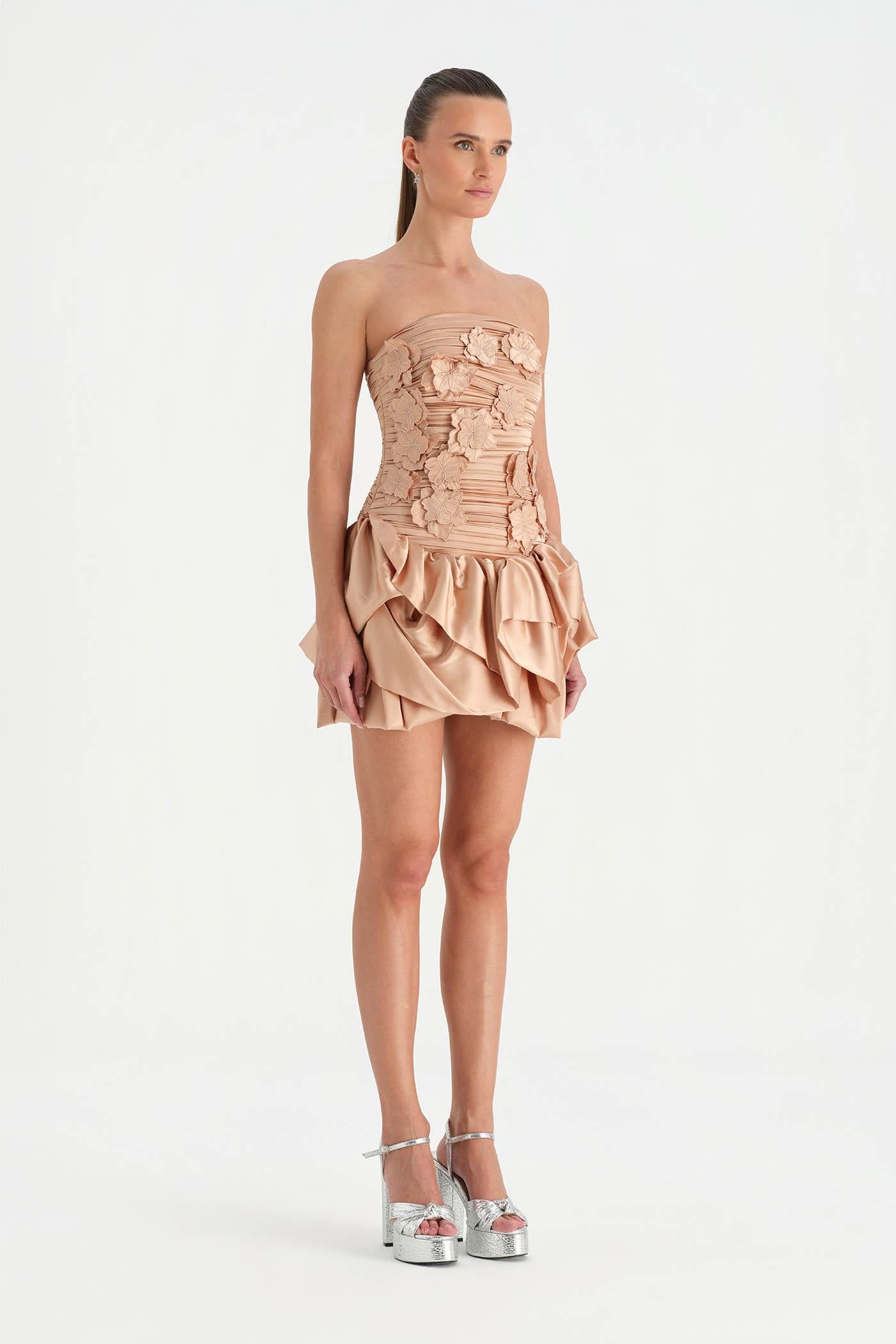 Volanlı Çiçekli Kısa Abiye Elbise - 26163C