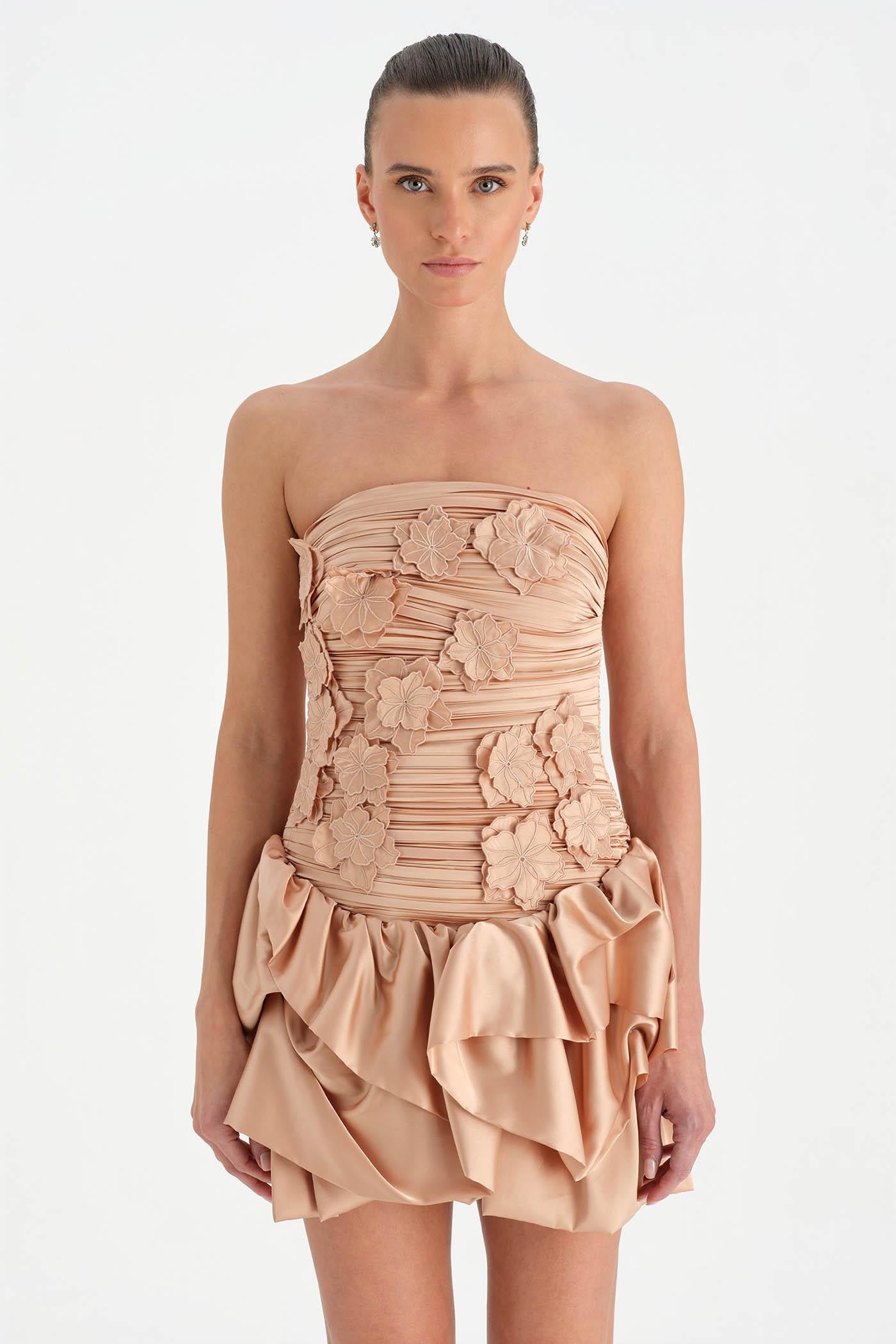 Volanlı Çiçekli Kısa Abiye Elbise - 26163C