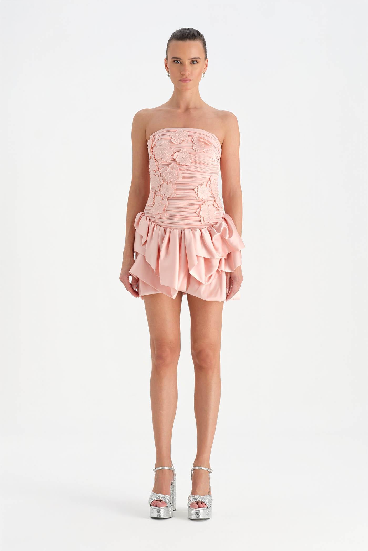 Volanlı Çiçekli Kısa Abiye Elbise - 26163C