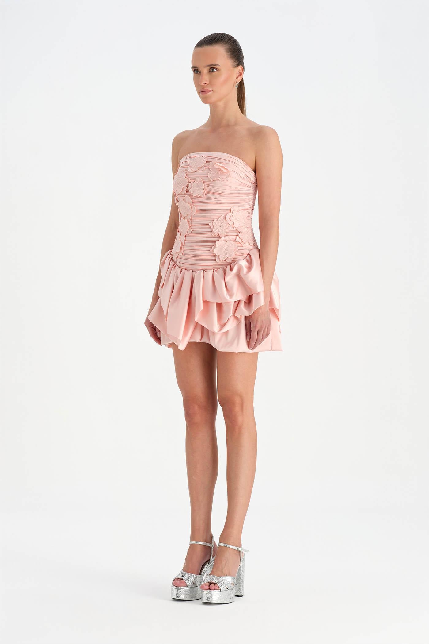 Volanlı Çiçekli Kısa Abiye Elbise - 26163C