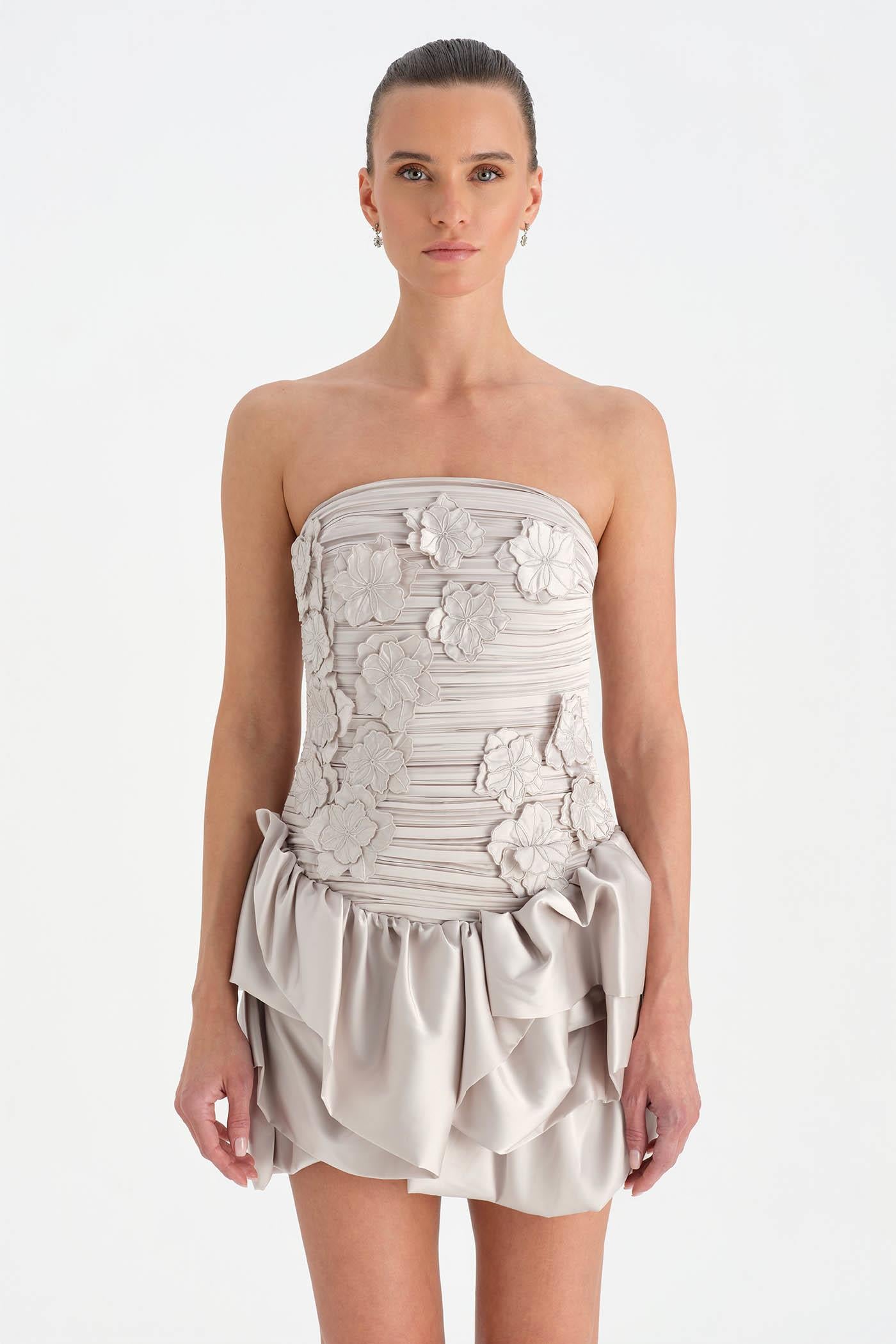 Volanlı Çiçekli Kısa Abiye Elbise - 26163C