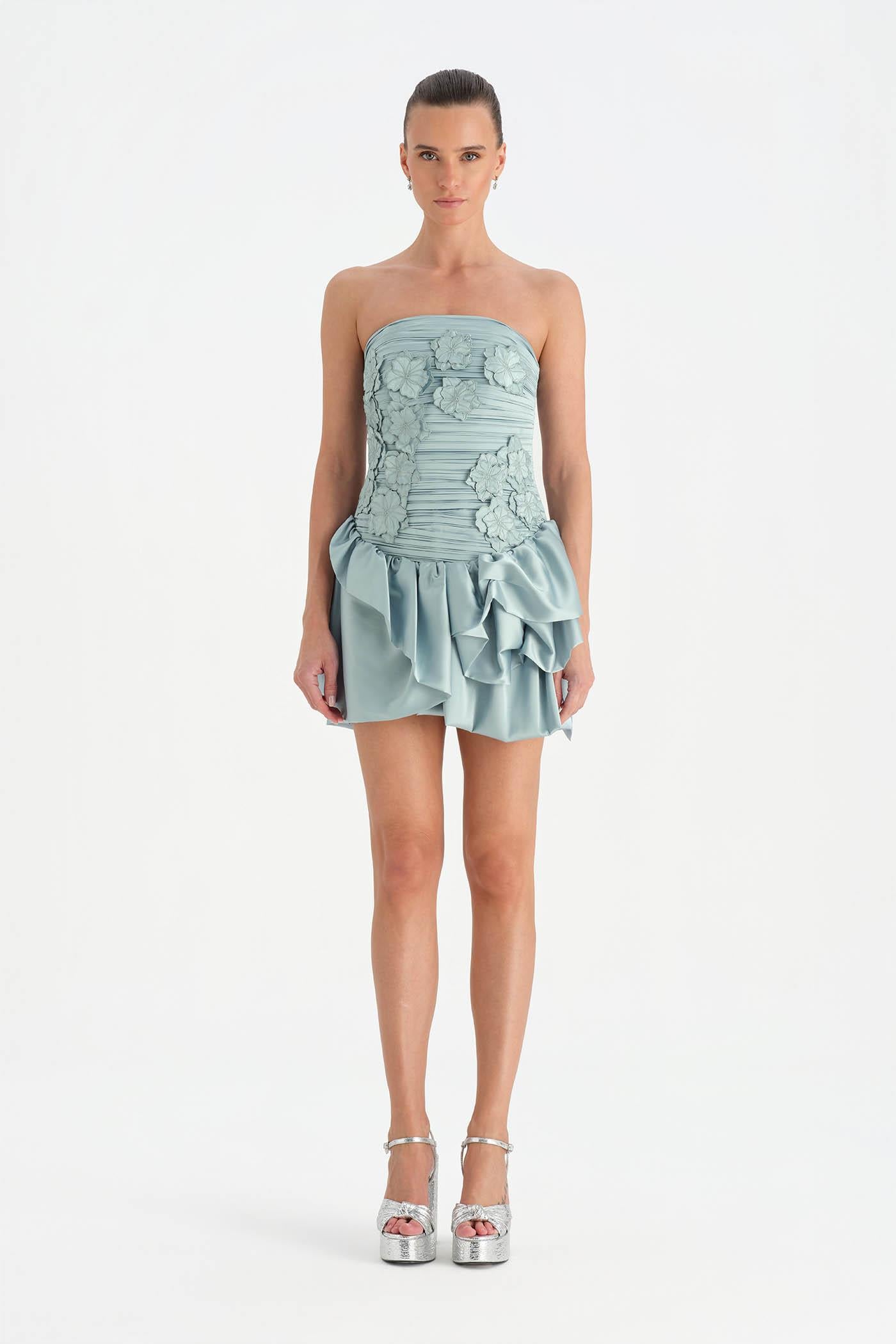 Volanlı Çiçekli Kısa Abiye Elbise - 26163C