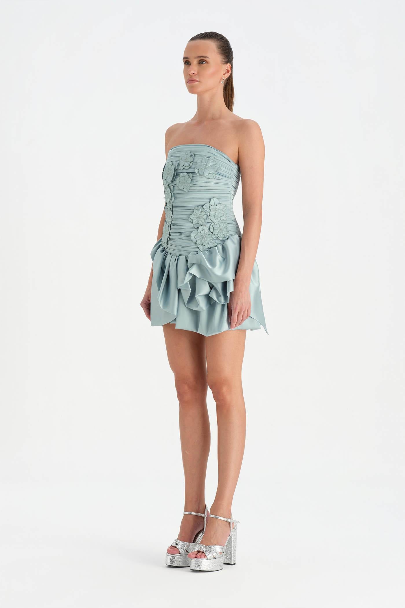 Volanlı Çiçekli Kısa Abiye Elbise - 26163C