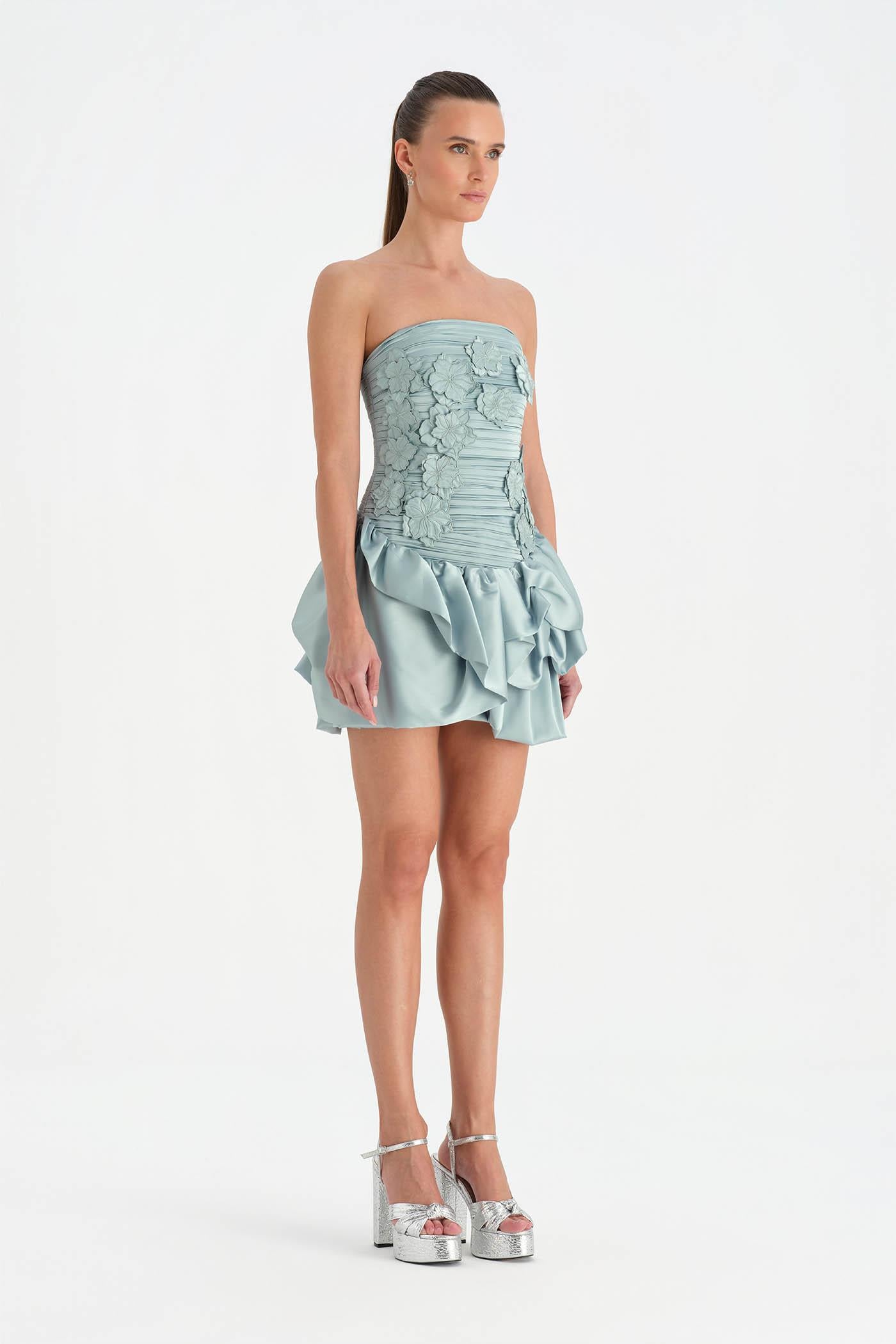 Volanlı Çiçekli Kısa Abiye Elbise - 26163C