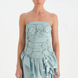 Volanlı Çiçekli Kısa Abiye Elbise - 26163C