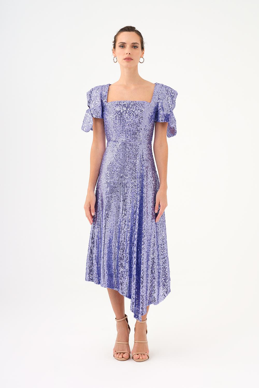 Asymmetric Cut Sequin Midi Evening Dress with Bow Detail Sleeves - 9142C